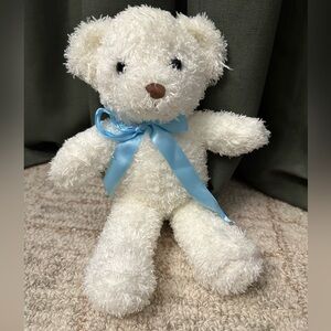 White Teddy Bear Plush With Baby Blue Bow